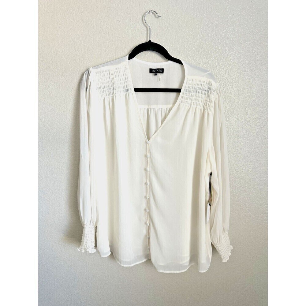NEW 1. State Blouse Size 2X White Chiffon Smocked Yoke Long Balloon Sleeves Top - Picture 1 of 6